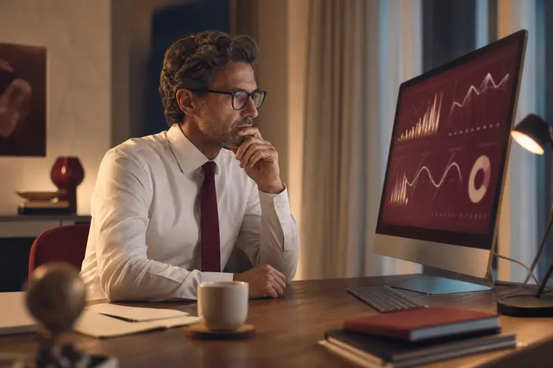 Analista finanziario che studia grafici di analisi su un grande schermo in ufficio (immagine illustrativa)