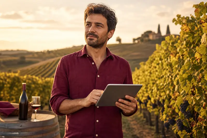 Giovane agricoltore in un vigneto al tramonto con un tablet (immagine illustrativa)