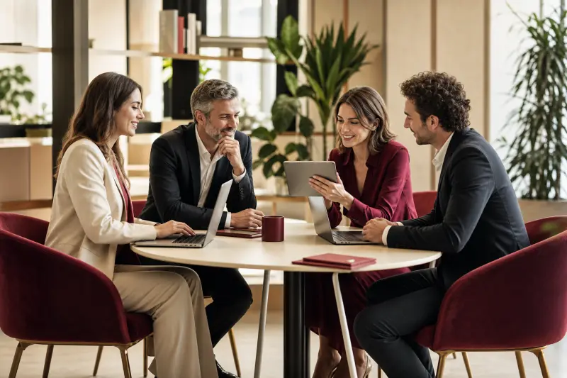 Gruppo di consulenti al lavoro attorno a un tavolo con laptop e tablet (immagine illustrativa)